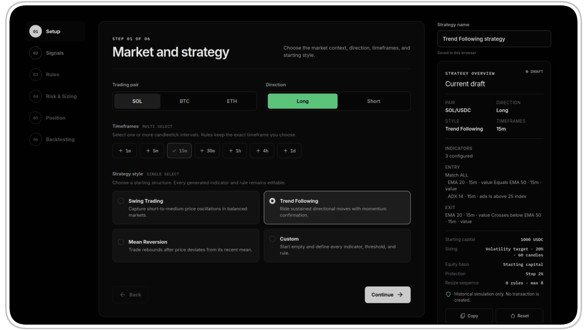Kronix Studio strategy setup interface